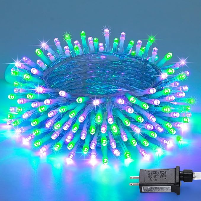 JMEXSUSS Connectable Purple and Green Halloween Lights Plug-in, 8 Modes 100 LED Twinkle String Light Indoor, Clear Wire Christmas Lights Outdoor Waterproof for Halloween Christmas Decor