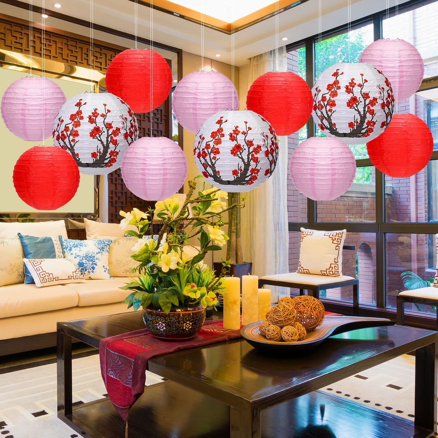 Mudder 20 Pieces Chinese Japanese Paper Lanterns Chinese New Year Decorations Includes Cherry Paper Lanterns for Hibachi Party Restaurant Wedding Decor(Red White and Pink,Modern Style)
