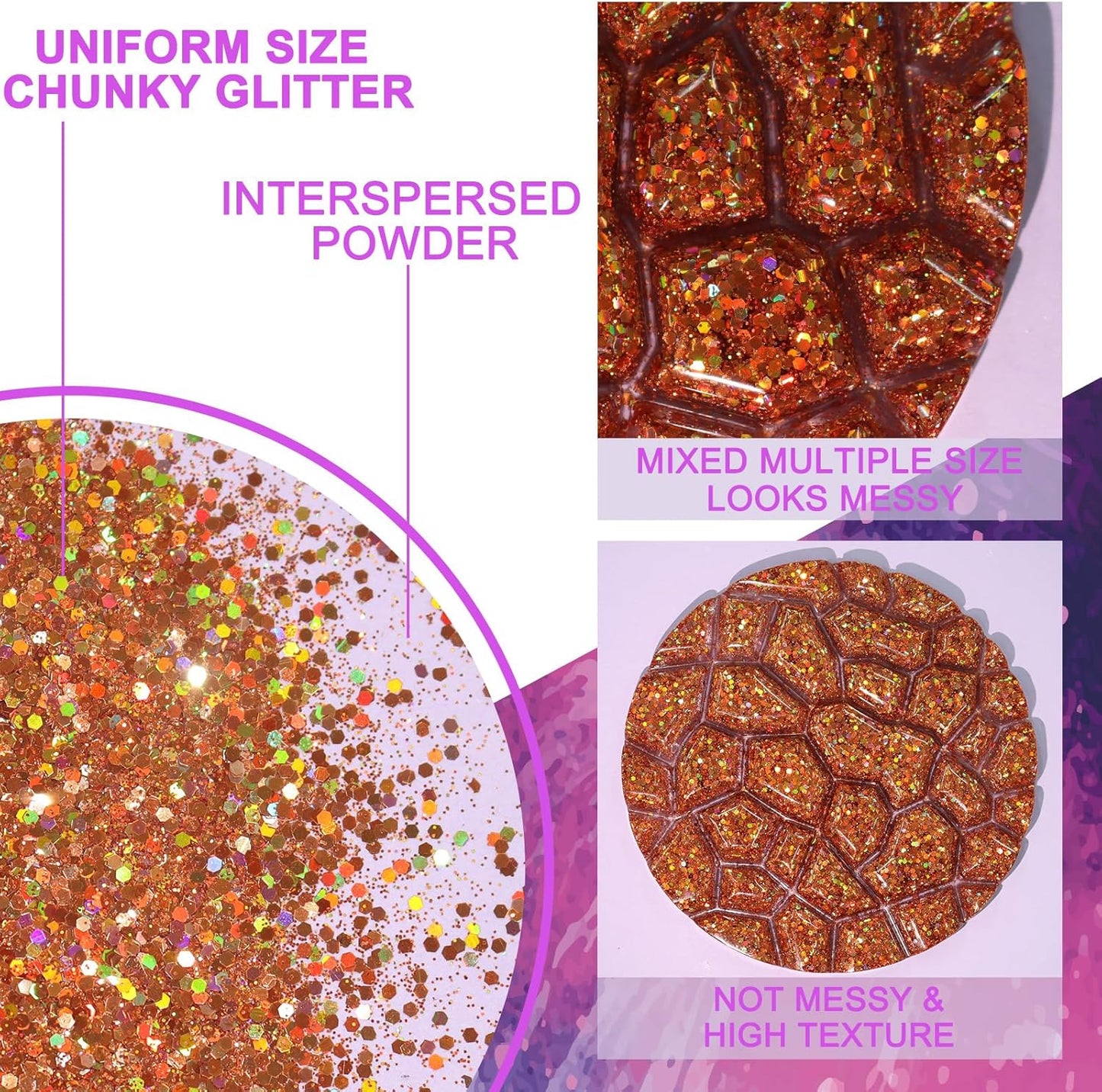 Renfio 2 Sizes Glitter, 2.11oz/60g Purple Glitter, Holographic Fine Glitter Mix Chunky Glitter for Crafts Sequins Valentines Resin Glitters PET Flakes for Nail Art Tumblers Slime - Laser Light Purple