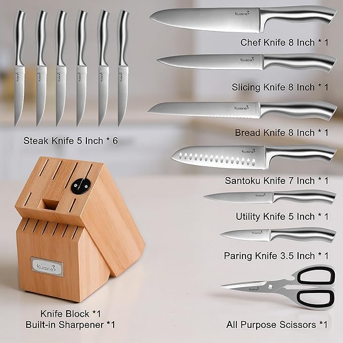 Kuisine Upgraded Sharp Chef Knife Set with block, One piece Molding High Carbon Stainless Steel Forged,Ergonomic Non-slip Handle Knife Block Set with built-in Sharpener(Silver Natural,15PCS)
