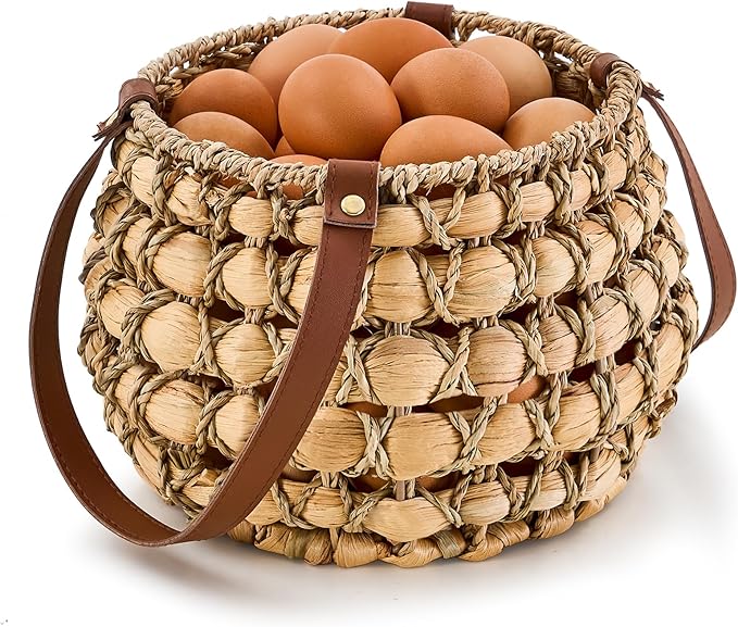 Farmhouse Oval Egg Baskets for Collecting Fresh Eggs,Small Wicker Basket with Handle,Garden Harvest Basket for Gathering Vegetables,Fruit Basket Bin for Kitchen,Garden,Picnic (Round-M)