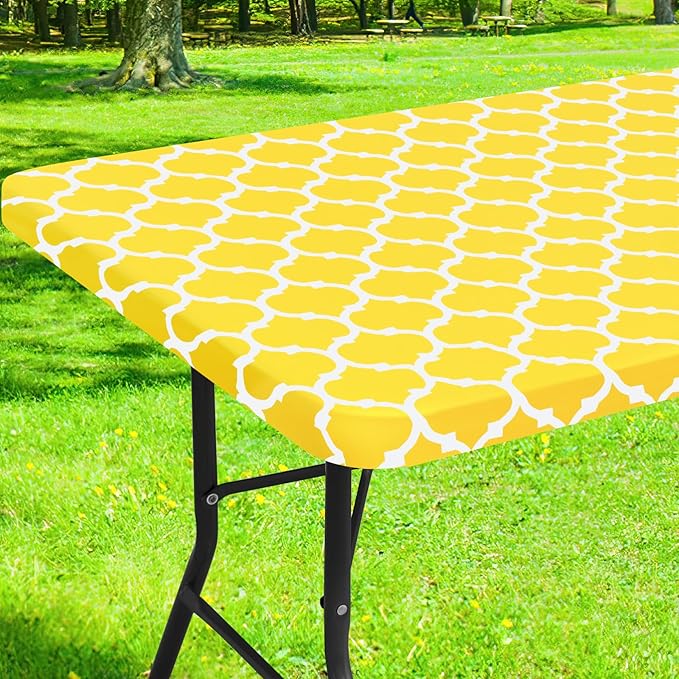 Smiry Rectangle Picnic Table Cover, Waterproof Elastic Fitted Camping Tablecloths for 5 Foot Tables, Wipeable Flannel Backed Vinyl Tablecloth Protector for Indoor, Outdoor (Yellow, 36x60 Inches)