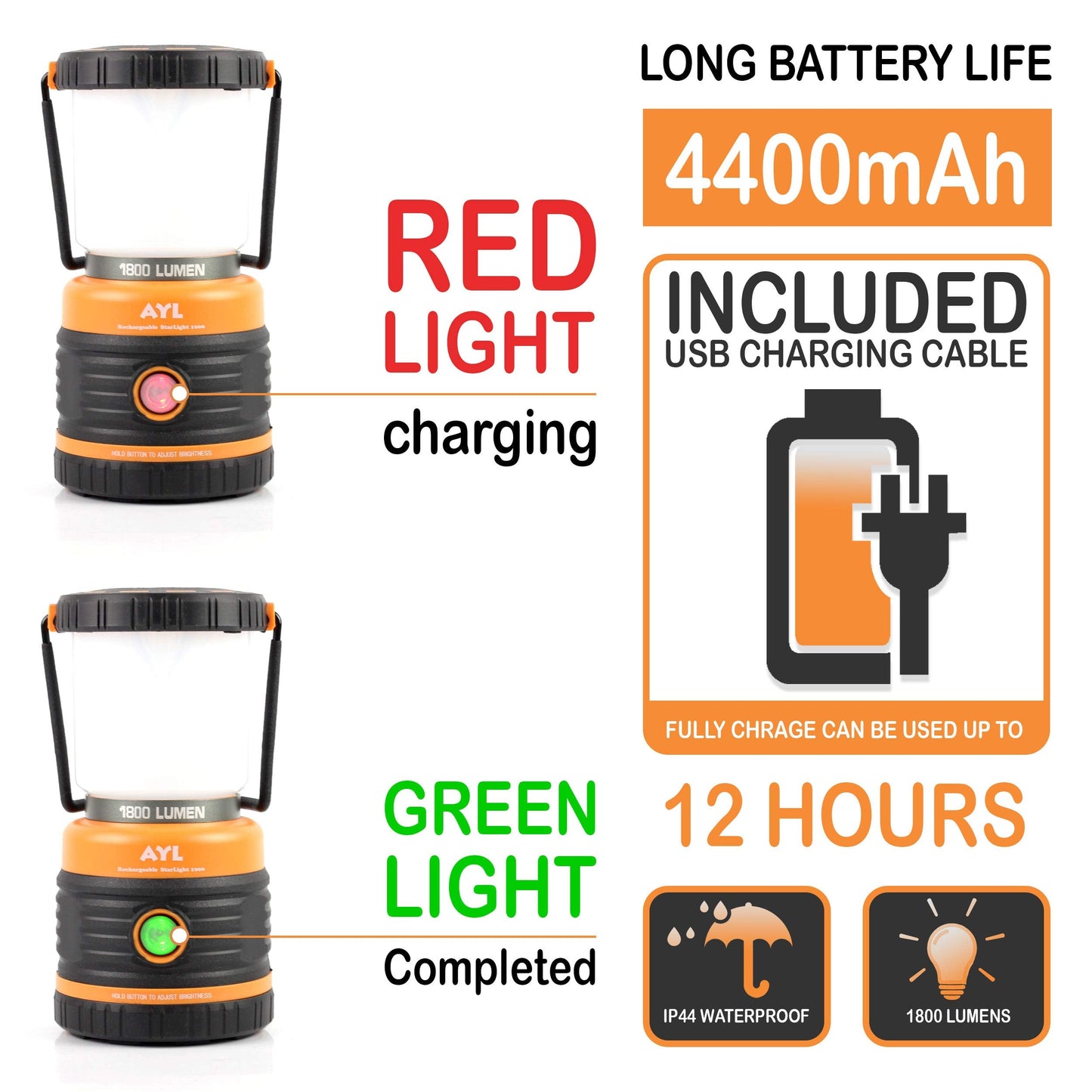 Ayl Led Camping Lantern 1800 Lumens, Rechargeable, Ip44 Waterproof, Black And Orange, Model Slr10002Pack, 2 Pack