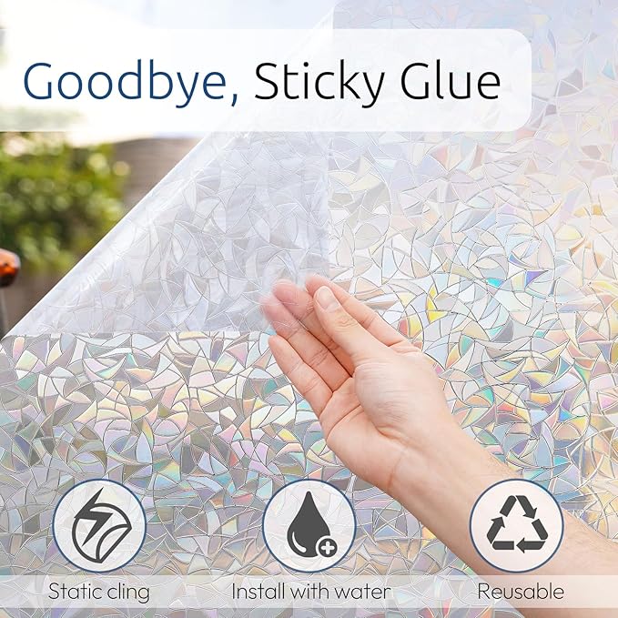 rabbitgoo Window Privacy Film Rainbow Film Decorative Window Sticker, 3D Static Stained Glass Cling Tint for Home Heat Control Non-Adhesive, 35.4 x 118.1 inches