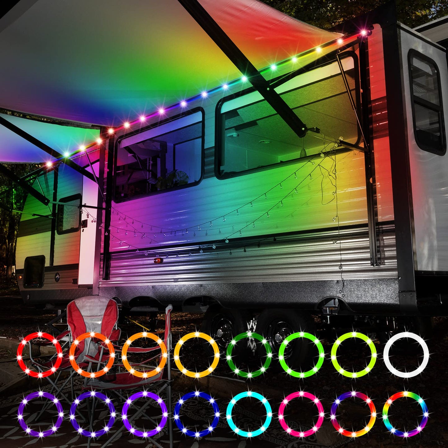 Waybelive LED RV Awning Lights, 16.4Ft Remote Control, 16 Color Options, Waterproof, DC 12V, Multicolor