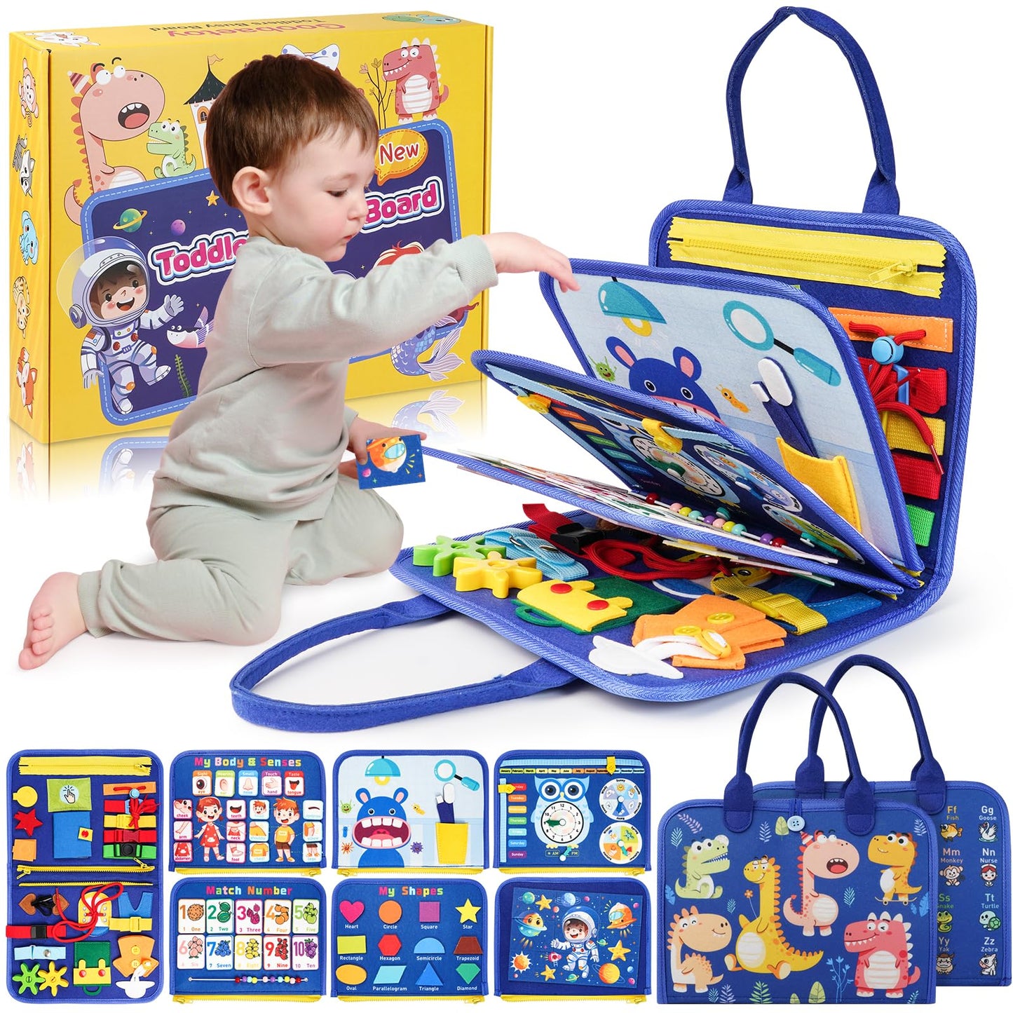 Goobaetoy Montessori Busy Board Boy, Toddler Toys for 1 2 3+ Year Old Boy, Toddler Busy Book Educational Learning Sensory Activity Toys for Road Airplane Travel for Kids with Autism