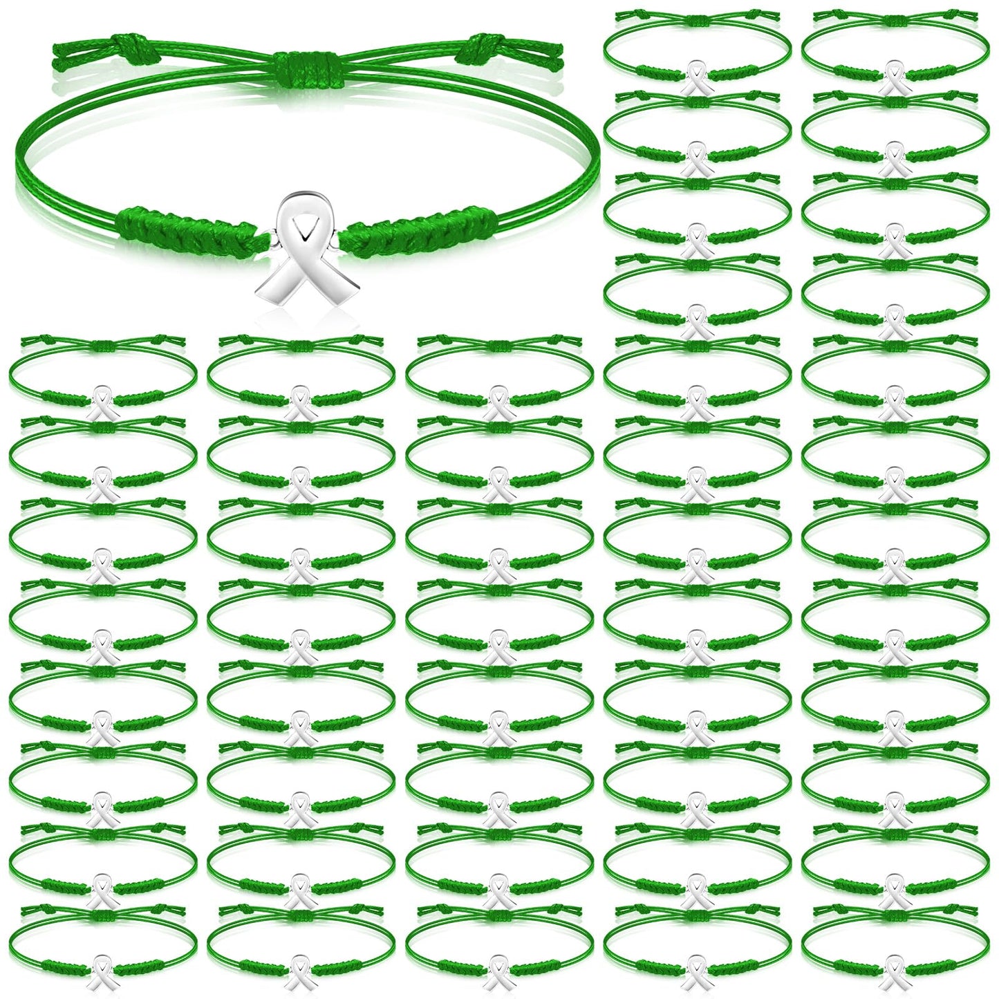 Sasylvia 20/50/100 Pcs Mental Health Awareness Month Bracelets Gifts Adjustable Green Ribbon Bracelets for Men Women (100 Pcs)