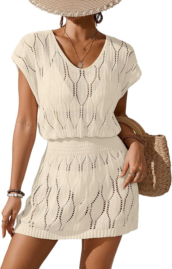 BreathSunny Womens Crochet Elastic Waist Beach Dresses Summer 2025 Scoop Neck Cap Sleeve Bathing Suit Cover Up Mini Dress