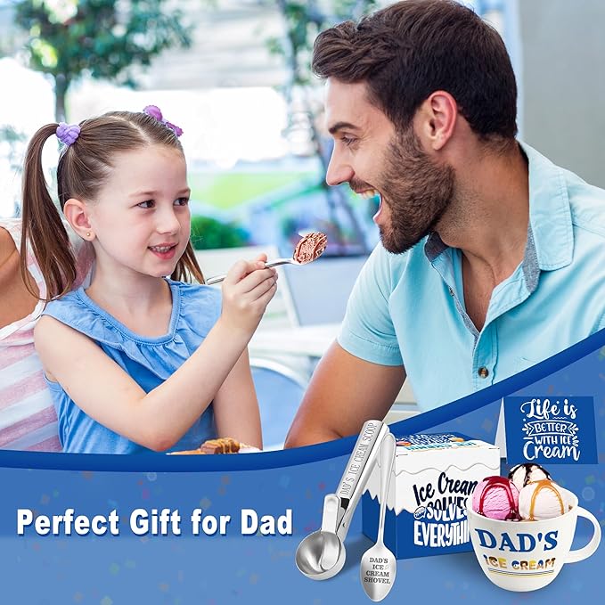 Chrsitmas Dad Gifts, Birthday Gifts for Dad from Daughter Son, Dad's Ice Cream Bowl Scoop Shovel Spoon Set, Ice Cream Present for Daddy Him Man