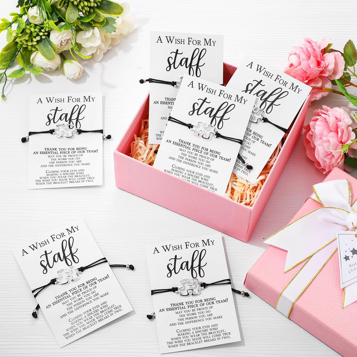 Huquary 72 Sets Staff Appreciation Gifts Bulk Team Puzzle Piece Bracelet Bulk with Employee Thank You Postcard a Wish for My Sta