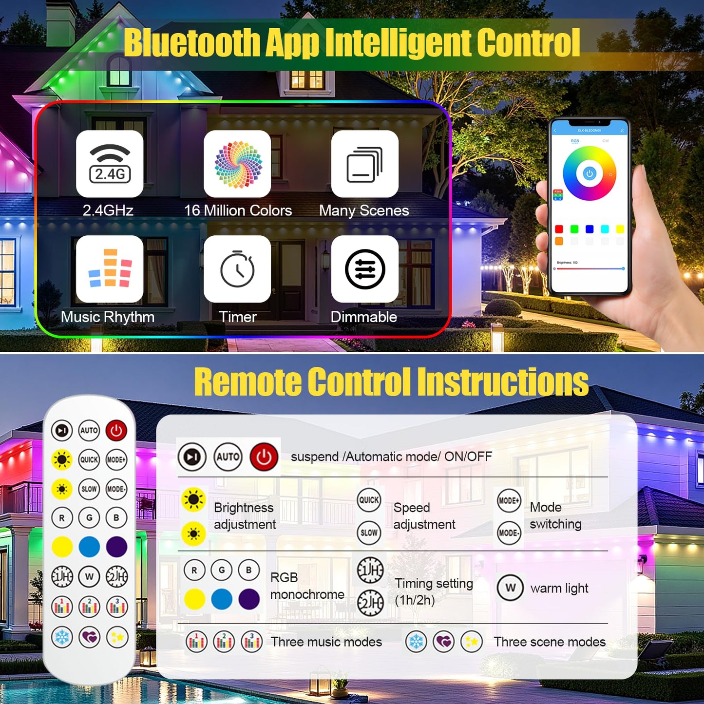 Yolsunes Permanent Outdoor Lights  200Ft Rgb+Ic Smart Led Eaves Lights  Ip67 Waterproof Outdoor Decor With App/Remote Control For Christmas  Halloween  Holiday  Daily  Party