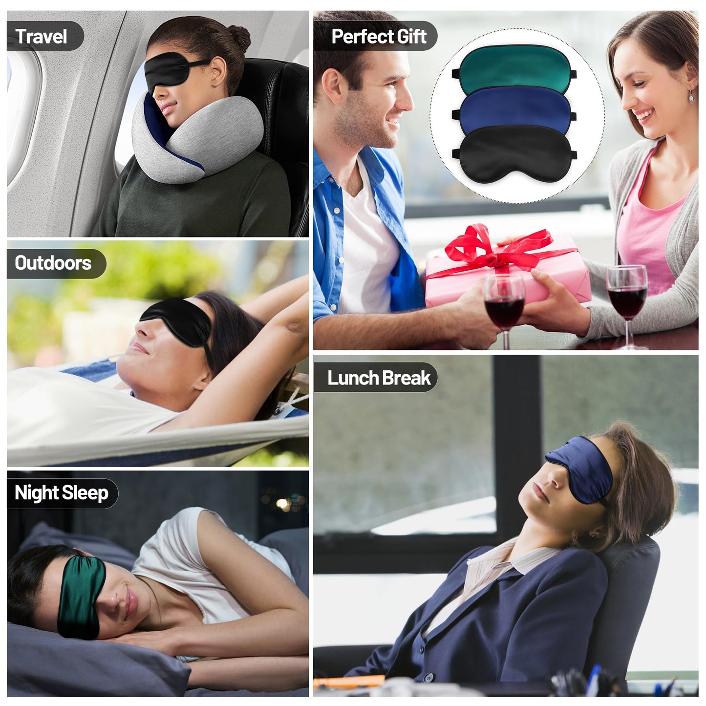 Silk Sleep Mask for Sleeping with Adjustable Strap, Satin Blackout for Men&Women, Comfortable Blindfold Eyeshade for Night Sleep (Black,Blue,Green)
