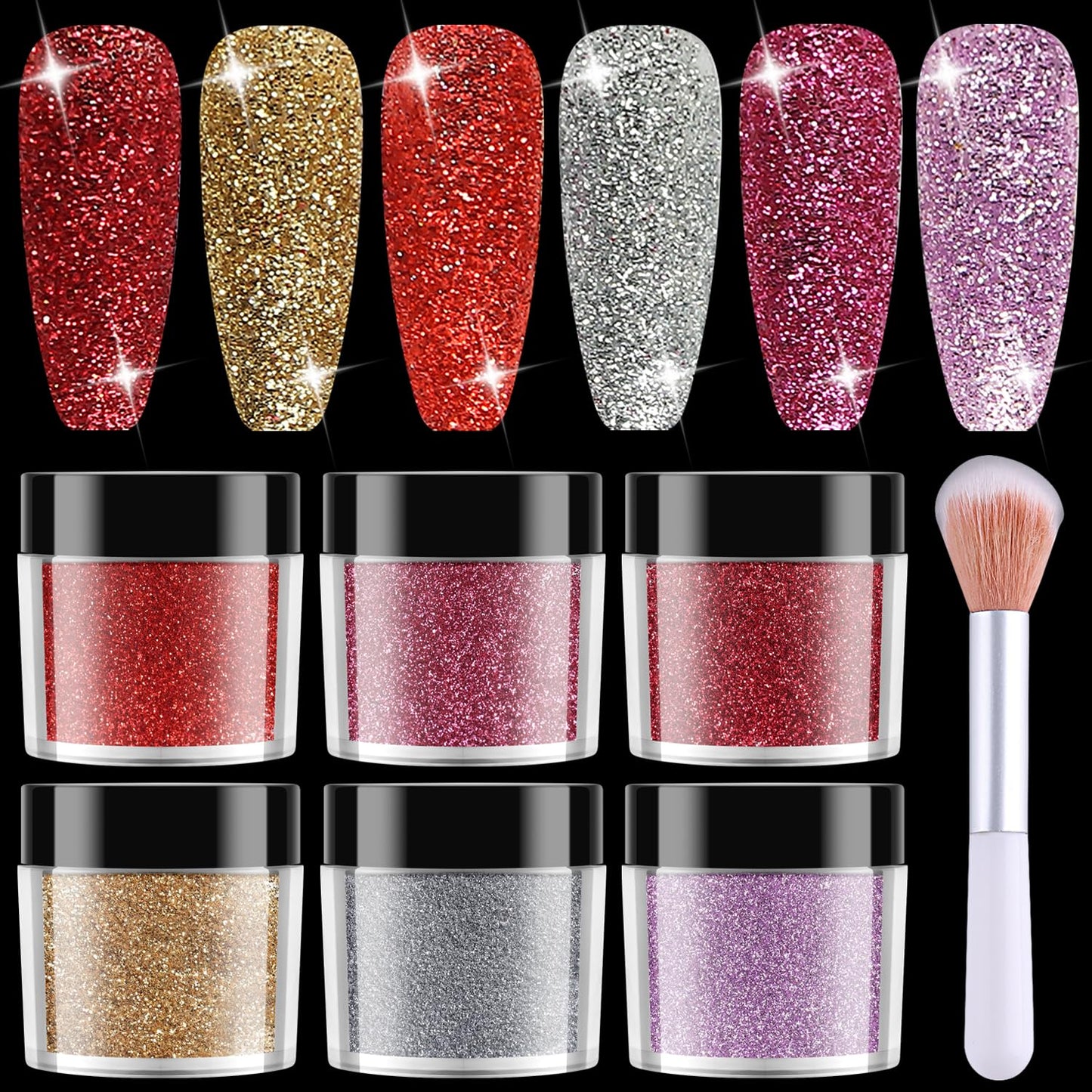Furtherpretty 6 Colors Nail Glitter Powder Set, Gold Silver Red Purple Sparkle Dust with Brush, Chunky & Fine Glitter for Nail A