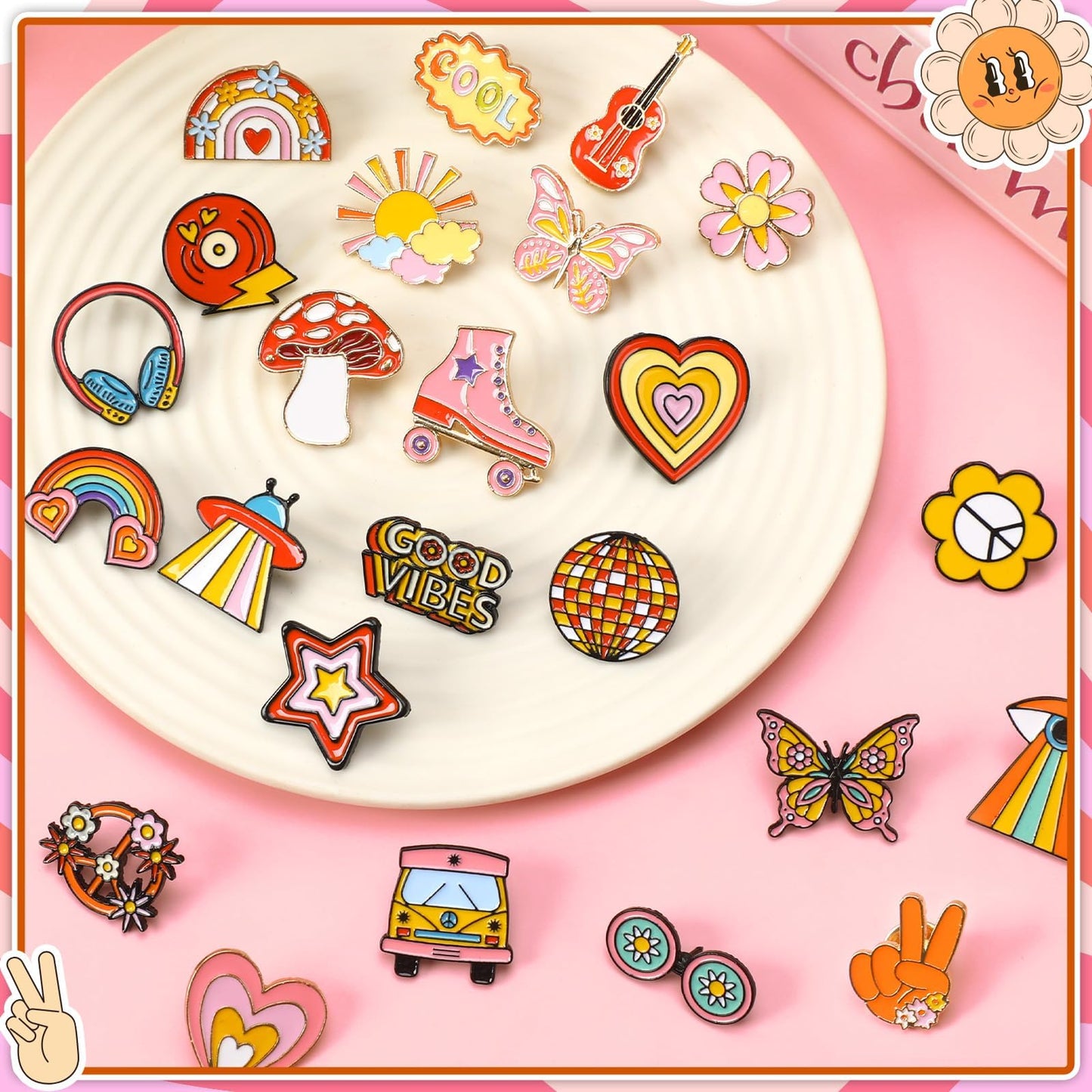DTOFOOT 36PCS Hippie Enamel Pins Bulk Preppy Lapel Badges for Women Girls DIY Brooch Pins for Hippie Costume Party Favors Access