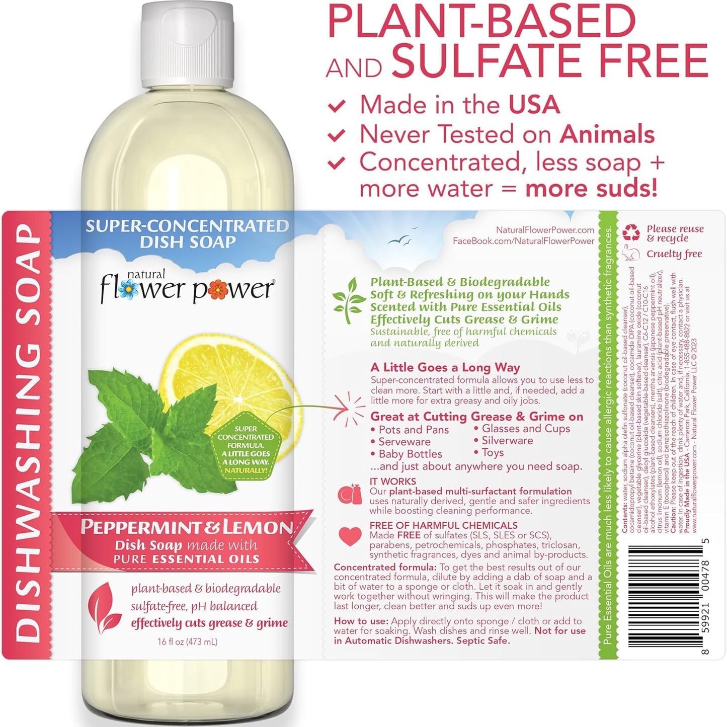 Natural Flower Power - Plant-Derived Dish Soap - Sulfate-Free, Bio-Based, pH-Balanced, Vegan Cleaning Supplies - Variety Pack - Lavender + Lemongrass + Peppermint & Lemon - 3 x 16 oz