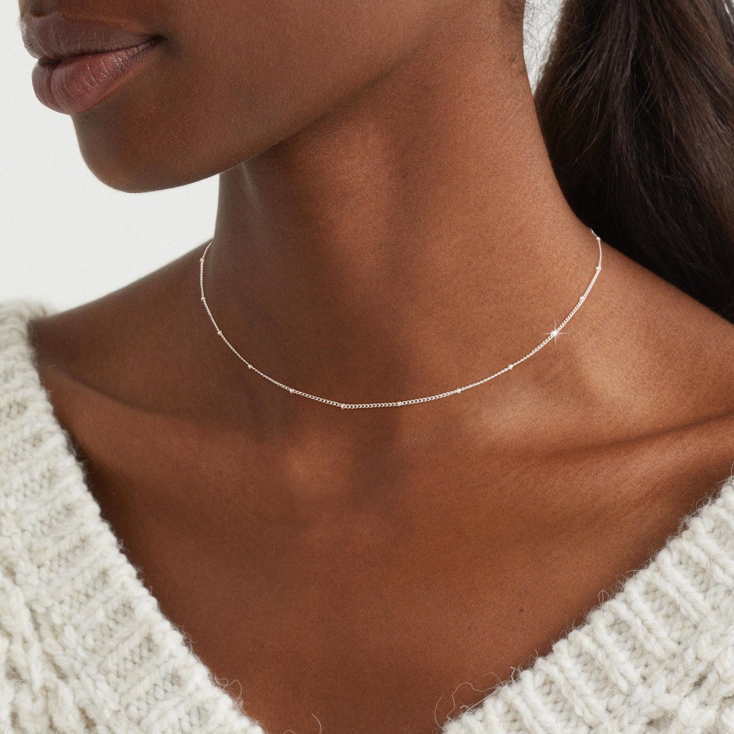 BERISO 14K Gold/Silver Plated Choker Necklace for Women Shining Dots Station Gold Chain Necklace Beads Sparkle Chain Necklace Li