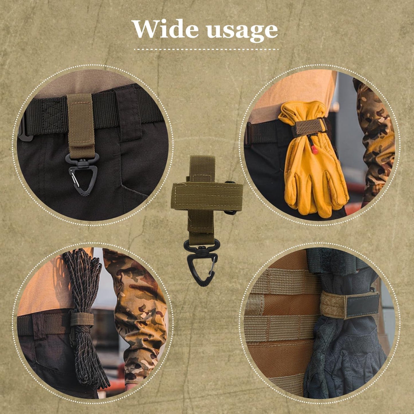 3 Pcs Tan Nylon Tactical Glove Holder Straps with Adjustable Safety Clips for Duty Belts Ideal for Outdoor Work Climbing Rope Storage Hunter Gear Connect Rope Organization 360° Swivel Hook Buckles