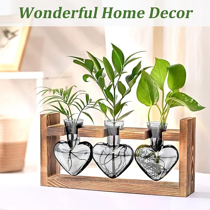 Lifecapido Heart Shaped Propagation Stations, Plant Terrarium with Wooden Stand, Plant Propagation Station for Hydroponics Plants Office Garden Home Decor, Gifts for Women Plant Lover (3 Vases, Gray)