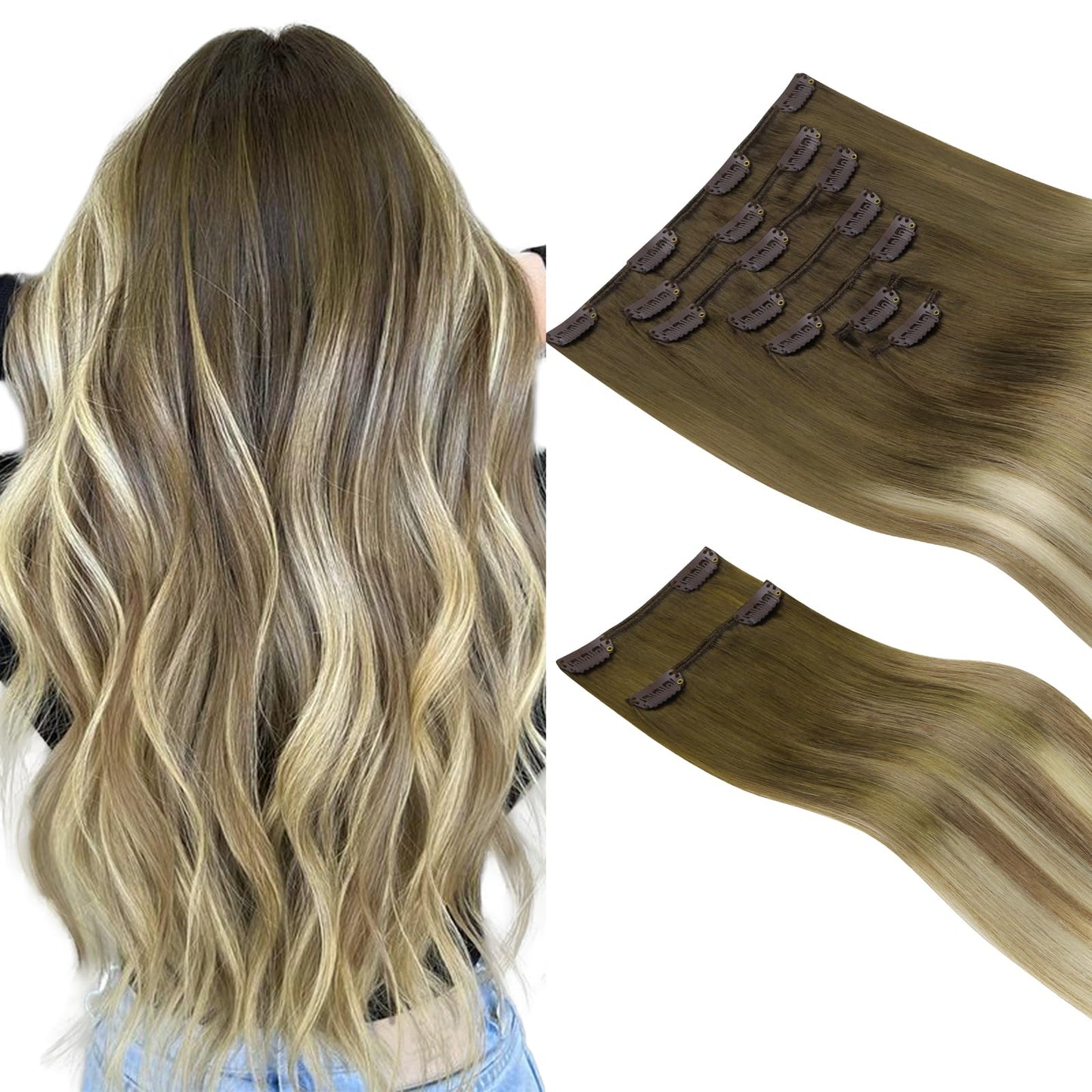 HOTBANANA Clip in Hair Extensions Real Human Hair, 135g 9pcs 14 inch Walnut Brown to Ash Brown and Bleach Blonde Straight Remy C