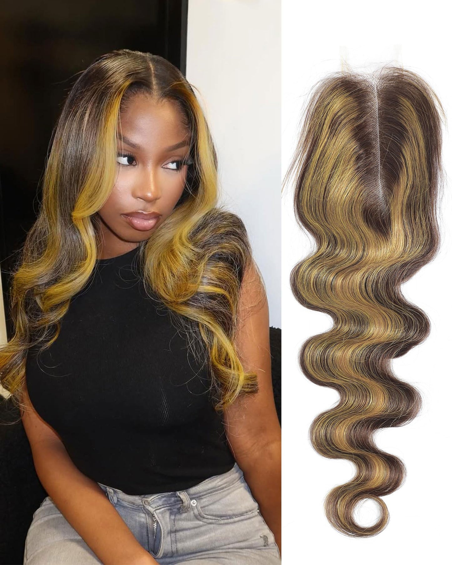 DSEKCAIN Highlight Yellow Golden Blonde On Chocolate Brown Color 2x6 HD Lace Closure Human Hair Body Wave Long Middle Part Trans