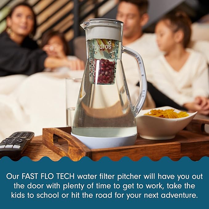 Hydros 64 Ounce Water Filter Pitcher with Patented Fast Flo Tech, 60 Second Quick Fill-Up and BPA-Free Recyclable Filter, Eight Cup Capacity, Blue