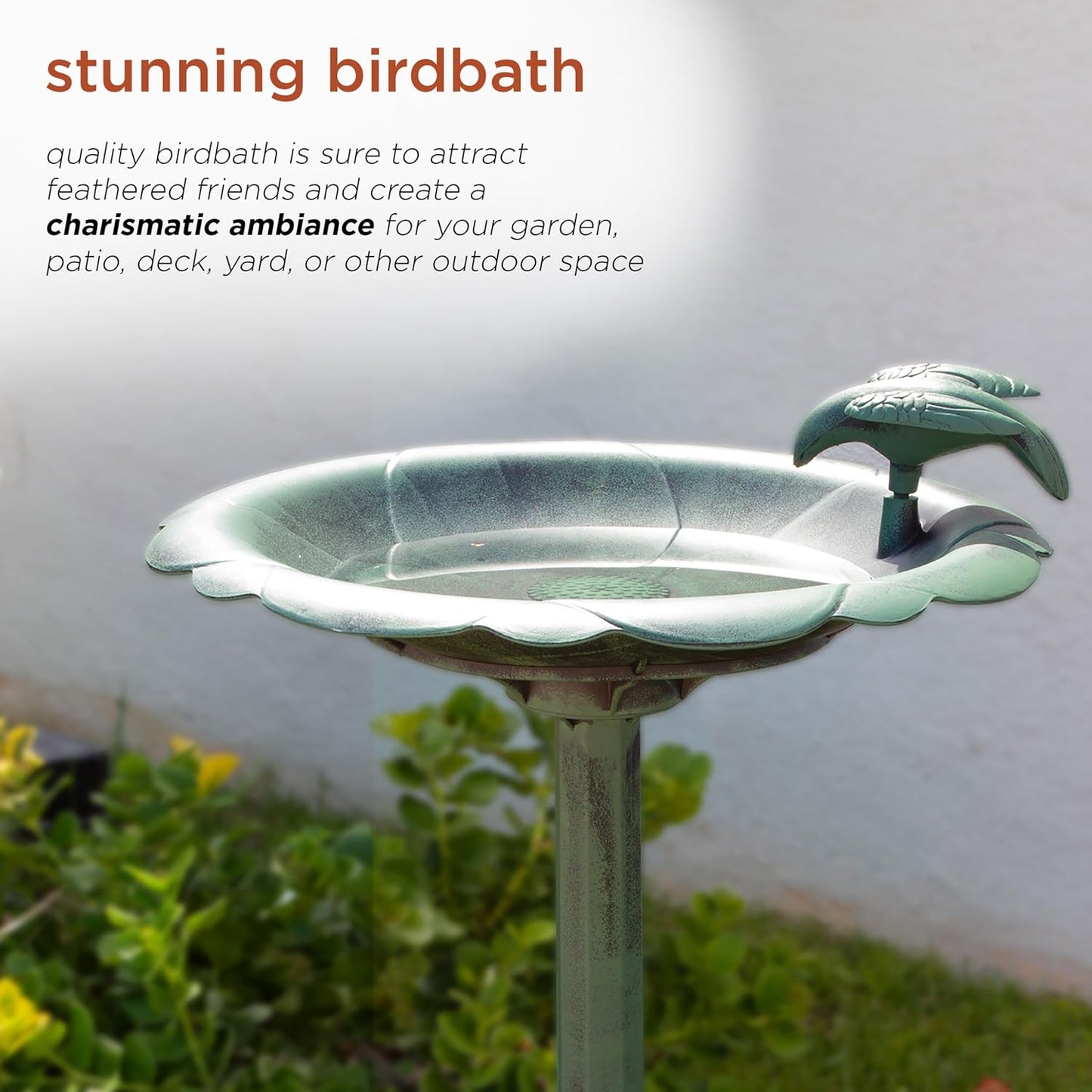 Alpine Corporation TEC114 31" Tall Outdoor Antique Flower Birdbath with Bird Decoration Yard Statue, Durable Polypropylene Construction for Patio, Deck, or Yard