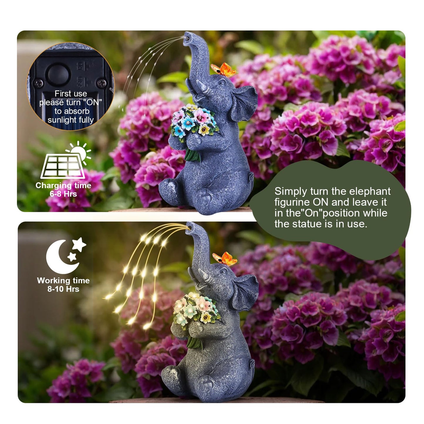 Chlinhuoho Solar Garden Elephant  Lights Watering Decor  Animal Statue Outdoor  Fairy Garden Accessories Patio Yard Balcony Decorations  Lawn Ornament  Housewarming  Birthday Mothers Day Mom Gifts
