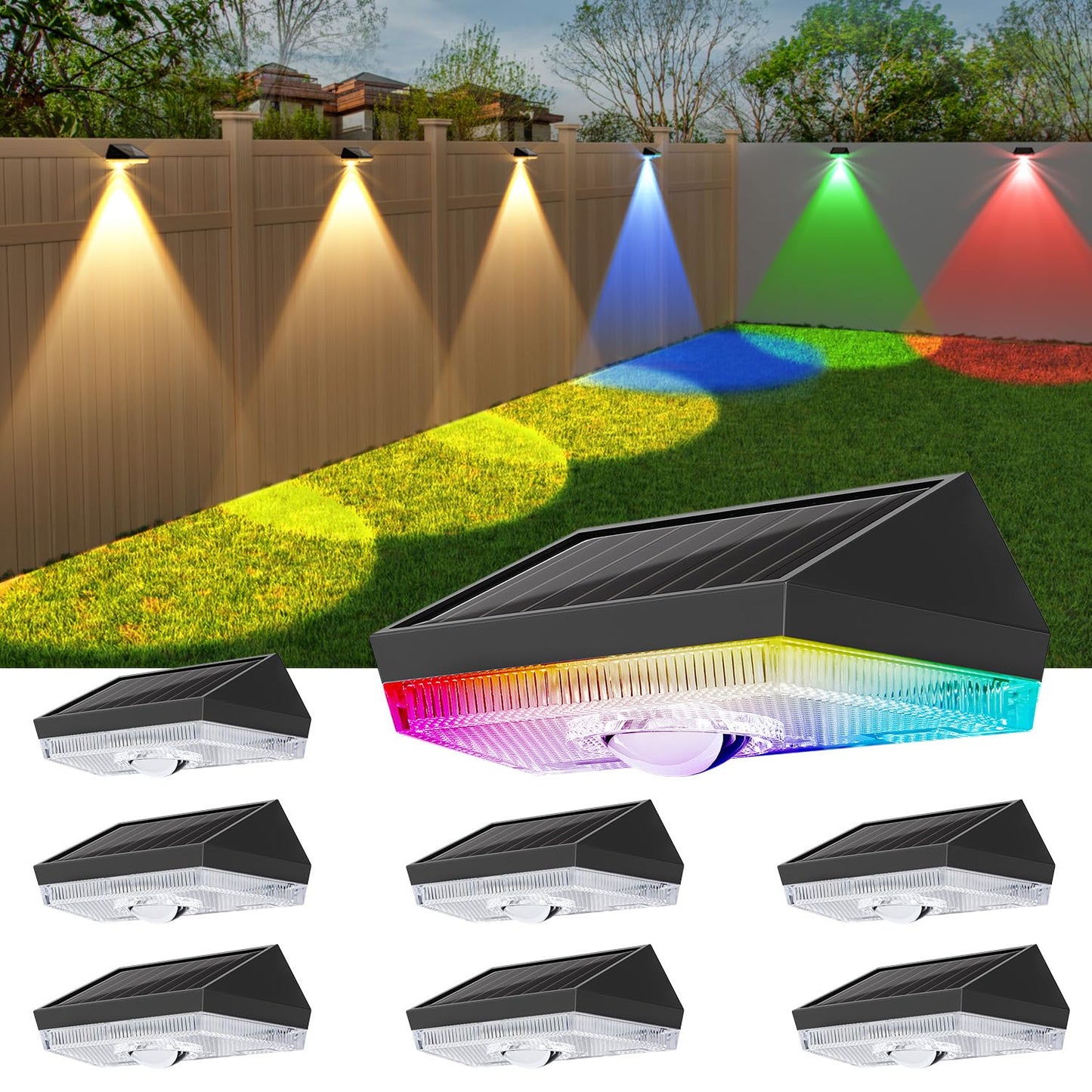 Ellasay Solar Fence Lights Outdoor: 10 Lighting Modes With Rgb Solar Powered Deck Light - Waterproof Ip65 - Led Lens Wall Decor For Garden Patio Backyard Porch 8 Pack