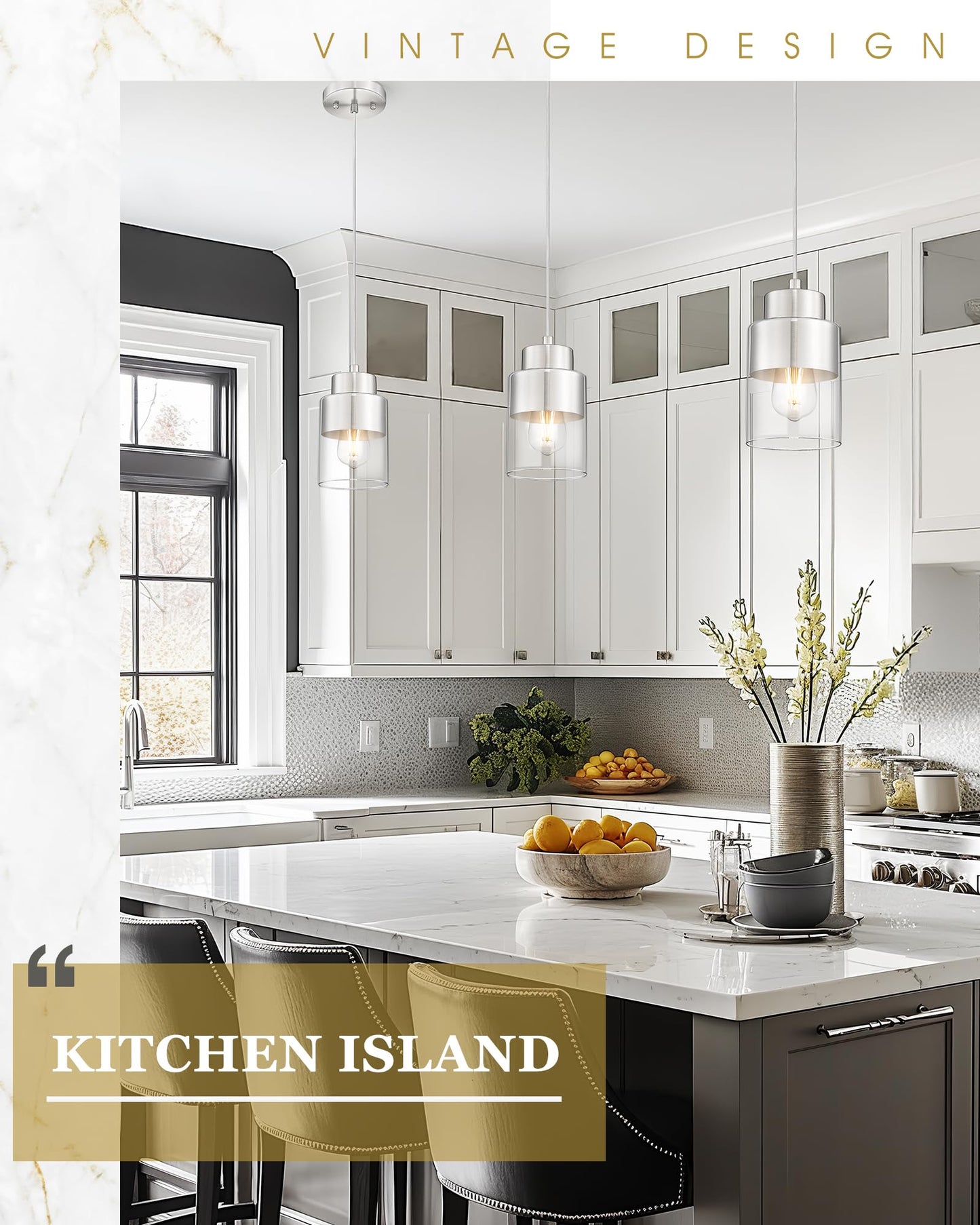 Audickic 2-Pack Pendant Lights Kitchen Island  Brushed Nickel Dual Shade Hanging Lights Fixtures With Metal And Clear Glass  Kitchen Pendant Lighting Over Island For Dining Room  Ad-24022-1P2-Sn