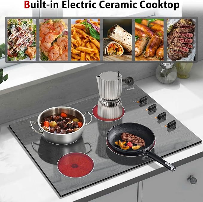 Karinear 30 Inch 4 Burners Electric Cooktop, Knob Control Electric Stove Glass Cooktops with Beautiful Wooden Pattern, 30" Built-in Radiant Ceramic Cooktop,6700W High Power,220-240v Hard Wire(No Plug)