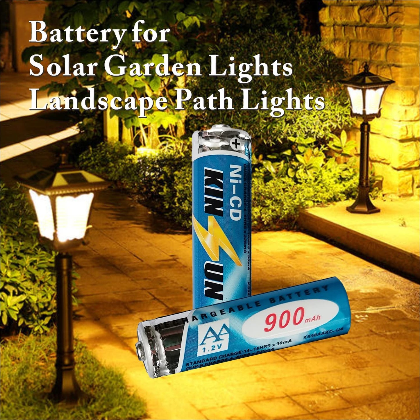 Kinsun 8-Pack Rechargeable Ni-Cd Aa Batteries 1.2V 900Mah For Solar Garden Lights