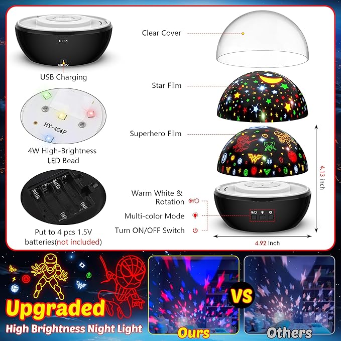 Super Hero Night Light for Boys | Spiderman Night Light and Star Projector 2-in-1 | Avengers Light Projector for Kids Bedroom Decor | Superhero Toys Gifts for Boys 4-6