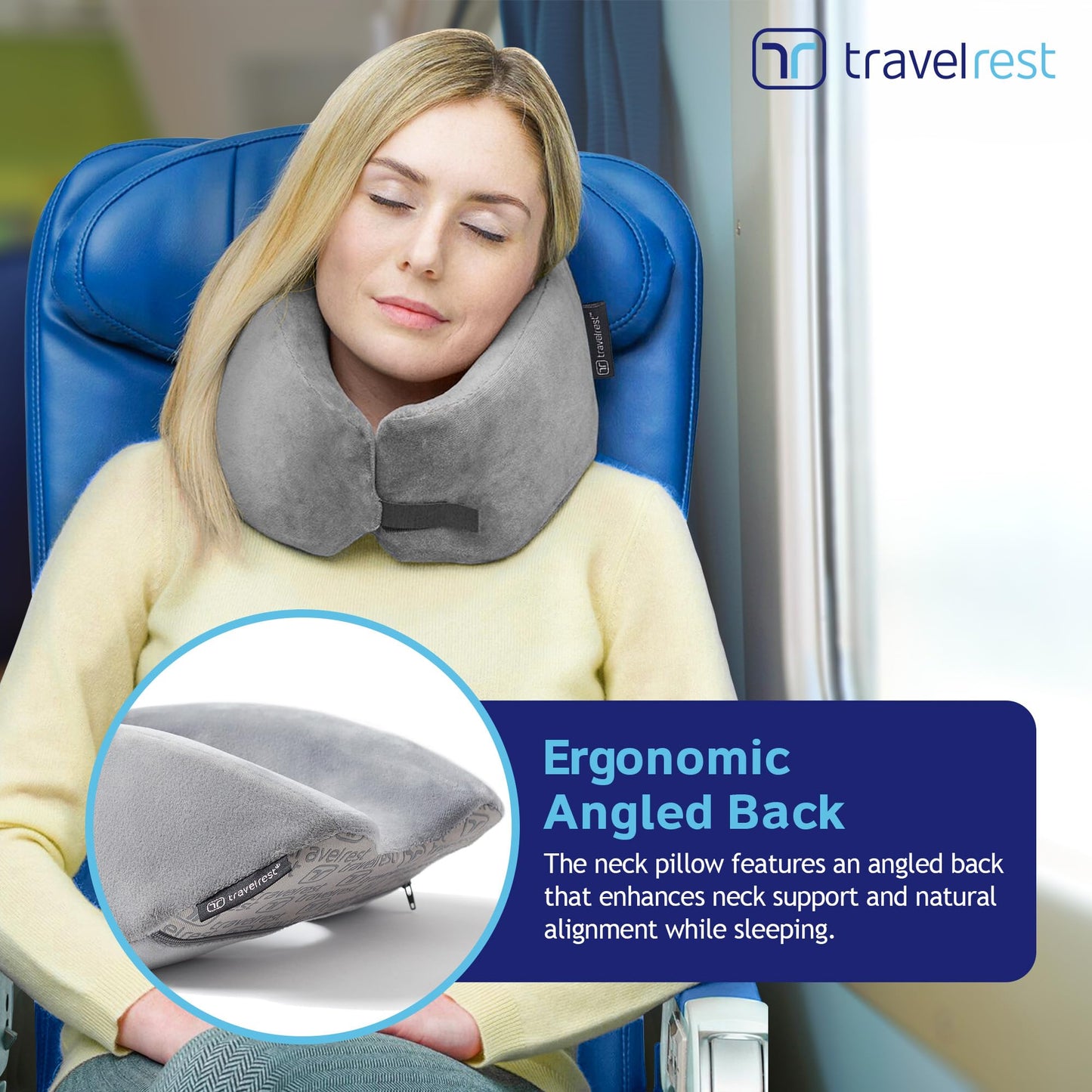 TRAVELREST Nest Memory Foam Travel Pillow/Neck Pillow 2-Pack - Advanced Neck Support for Long Flights - Patented Design for Optimal Relaxation - Long Travel - Machine Washable - Blue & Grey