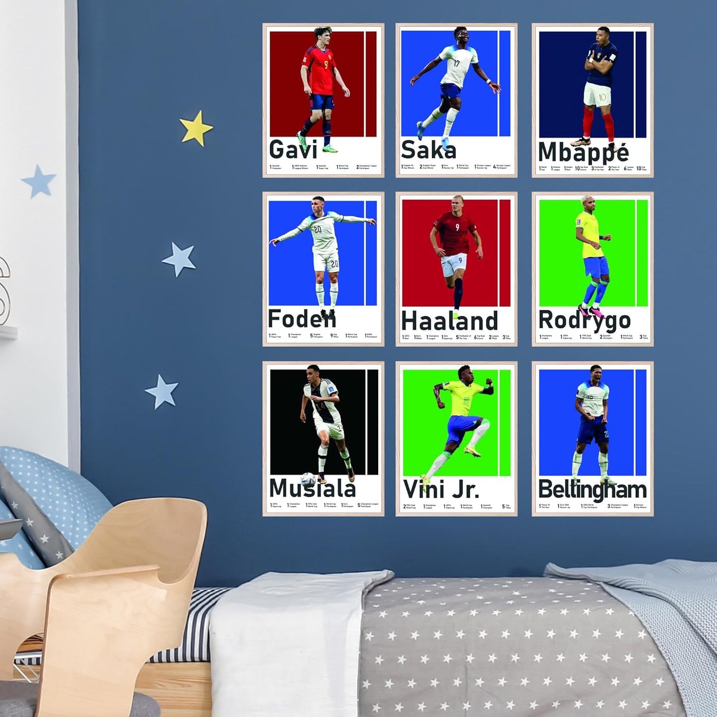 BigWig Prints Soccer Posters for Boys Bedroom - Soccer Player Posters, Erling Haaland Poster, Mbappe, Rodrygo, Gavi, Vini Jr, Saka, Foden, Musiala, Bellingham - Unframed Set of 9 (8x10”)