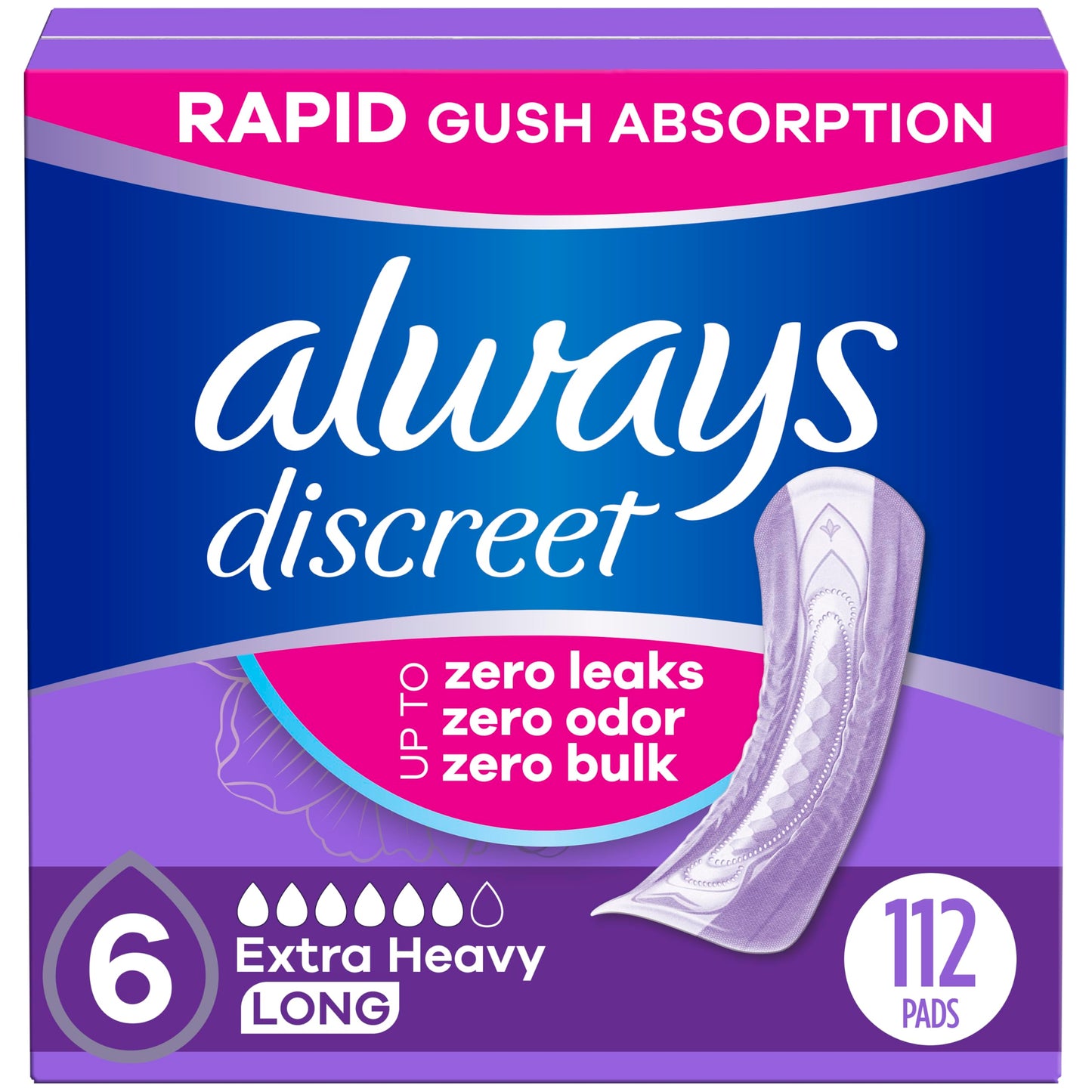 Always Discreet Adult Incontinence Pads for Women, Extra Heavy Absorbency, Long Length, Postpartum Pads, 112 Count (4 Packs of 28)