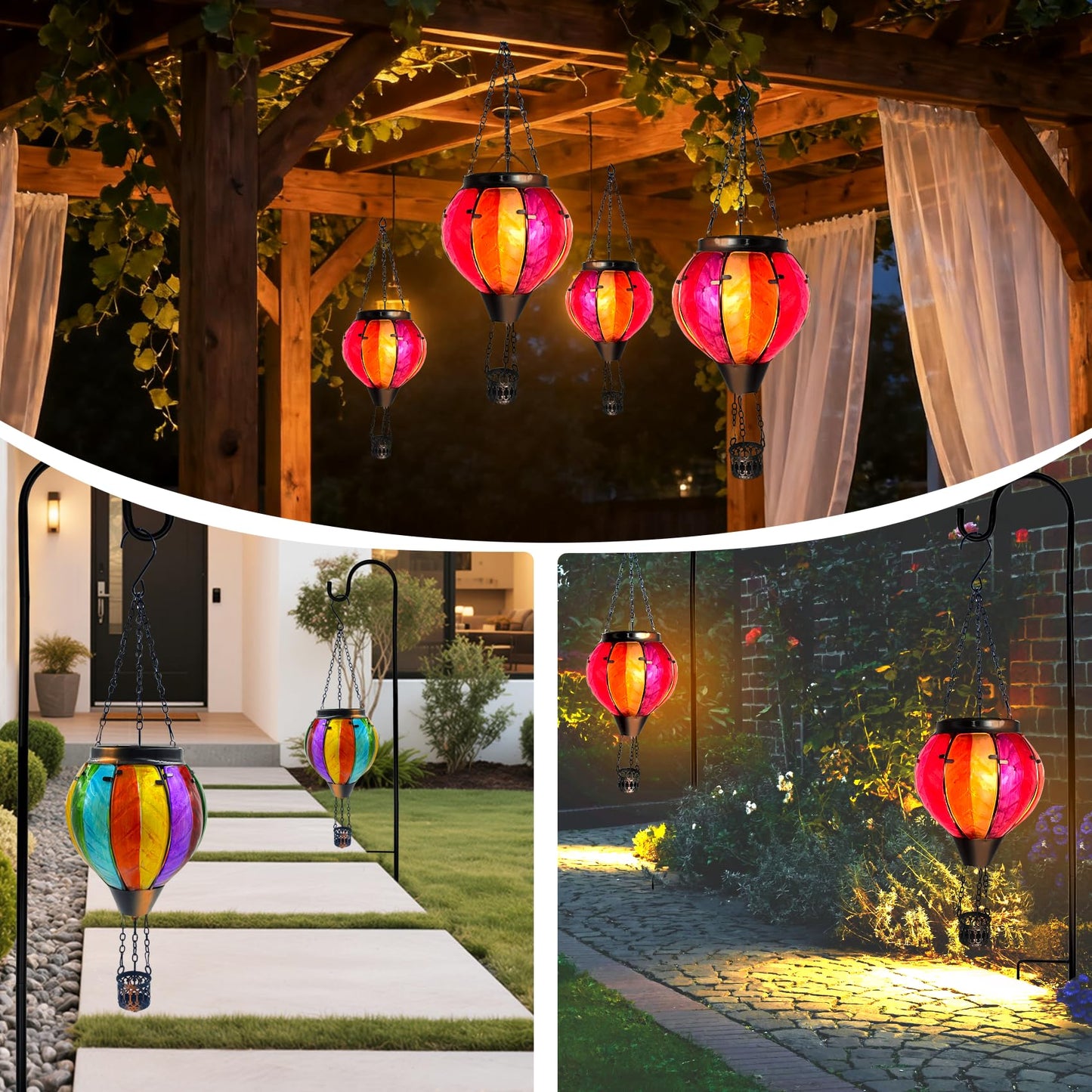 Twirleternity 2Pcs Hot Air Balloon Solar Lantern (Metal Shepherds Hook) (Flickering Flame) (Efficient Solar Panel Power) Hanging Lanterns Outdoor Waterproof Thanksgiving Gifts Colorful Rainbow