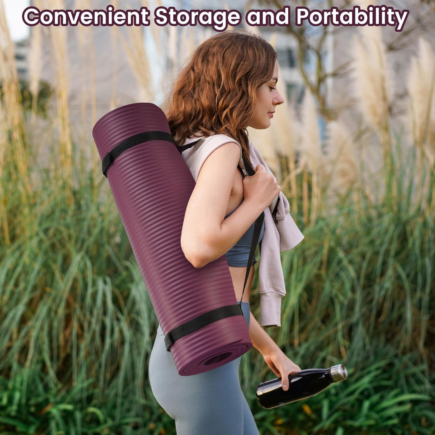 Fitvids 1/2-Inch Thick High Density Foam Exercise Yoga Mat with Carrying Strap, For Cushioning The Body Against Hard Floors, Deep Wine