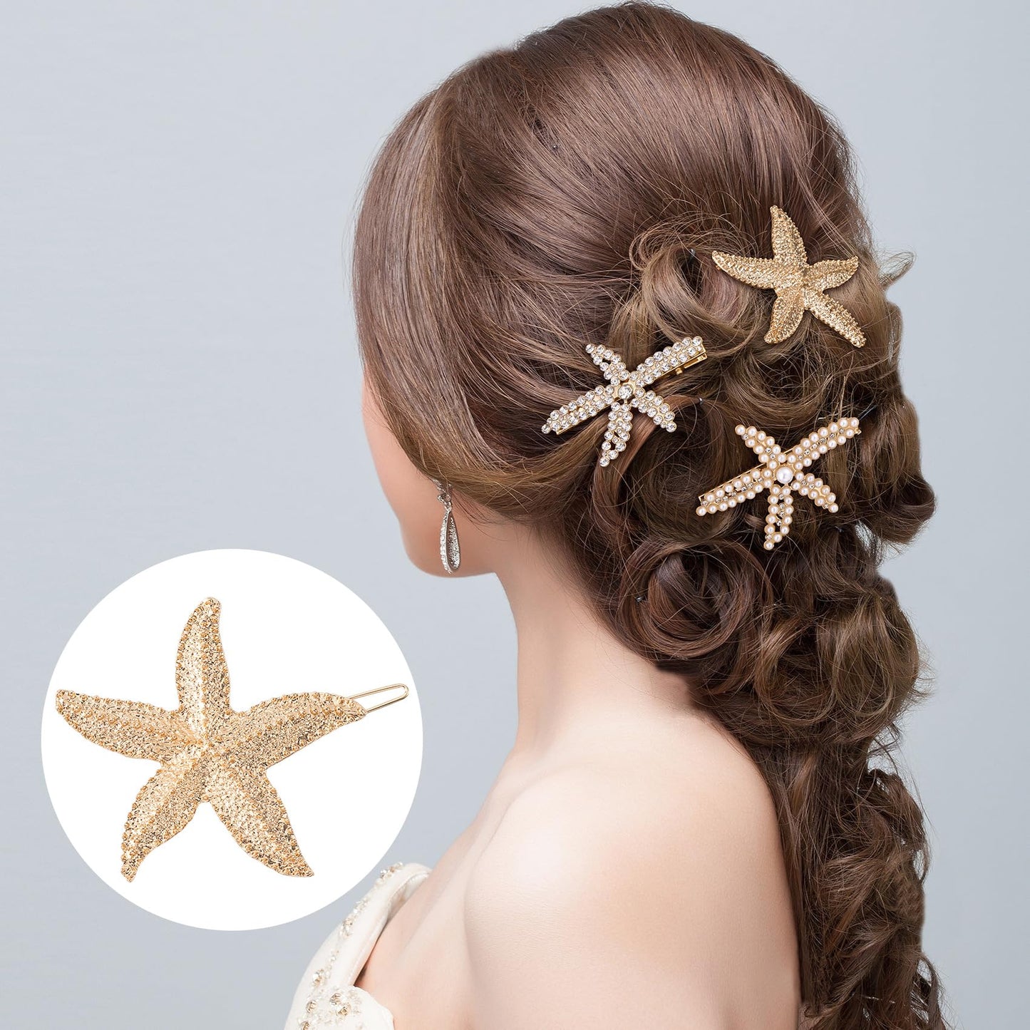 PAGOW 3 PCS Starfish Hair Clips, 3 Styles Gold Rhinestone Hair Clips, Faux Pearl Crystal Sea Star Wedding Headpiece Hair Accesso