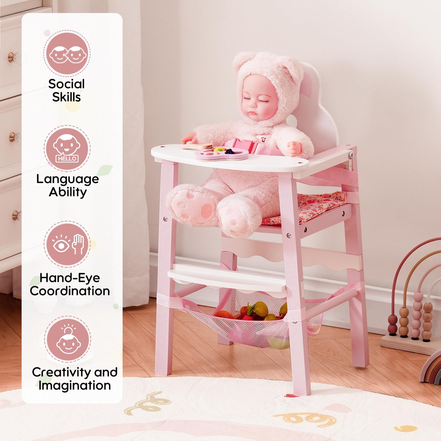 ROBOTIME Wooden Baby Doll High Chair – Pretend High Chair Toys for 18" Dolls – Doll Feeding Chair Toy with Tray – Baby Doll Furniture for Girls Ages 3+