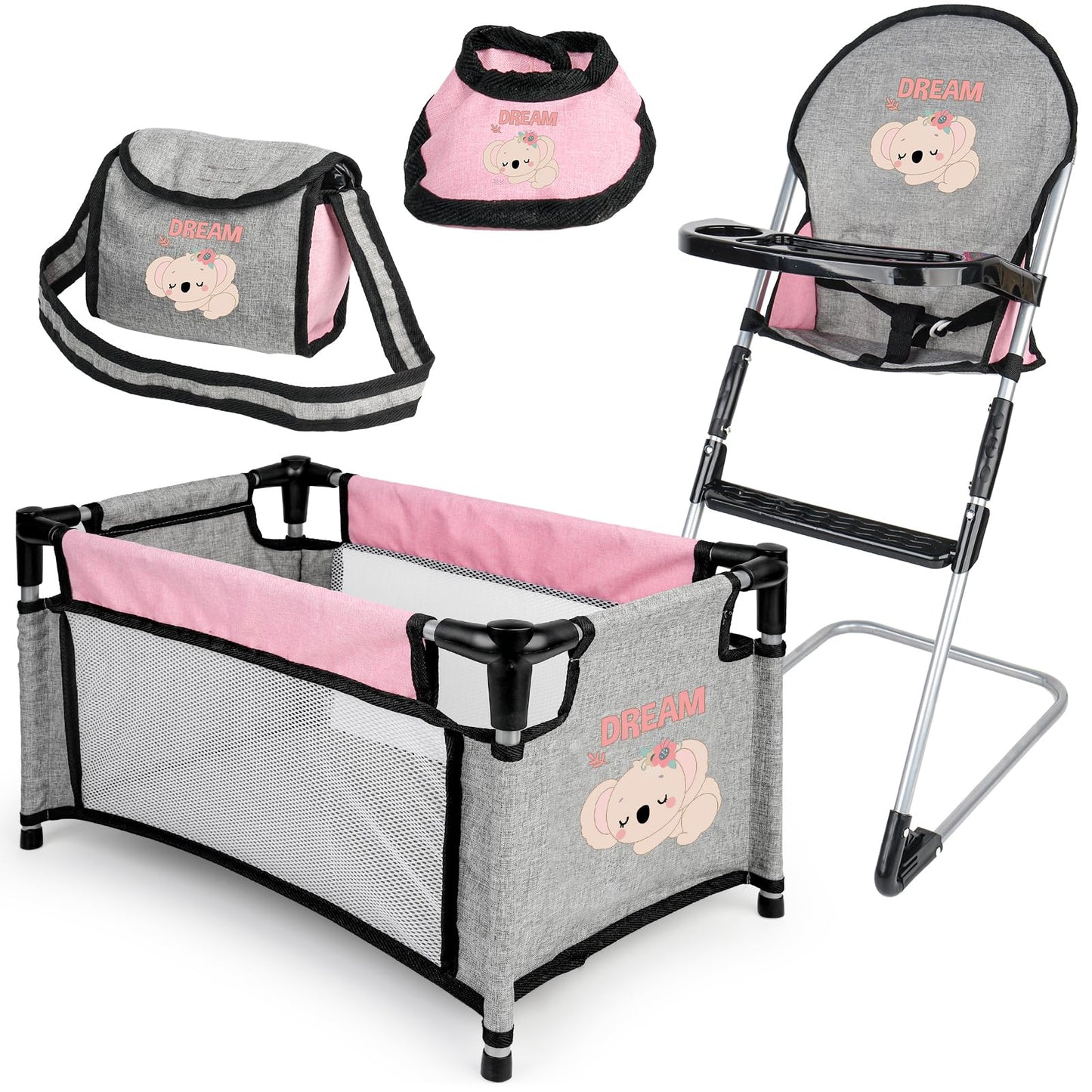 deAO Baby Doll Accessories Baby Doll Playset Furniture Set Baby Doll Crib High Chair Diaper Bag, Pretend Play Role Play Doll Accessories Set, Birthday Gifts for Kids Girl Boy