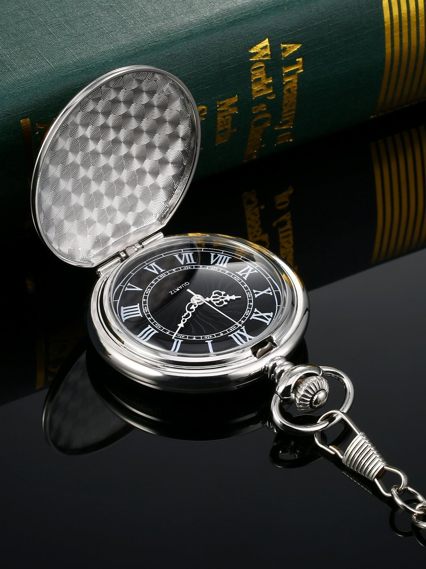 Hicarer Quartz Pocket Watch for Men with Black Dial and Chain Vintage Roman Numerals Christmas Gifts Birthday (Silver)