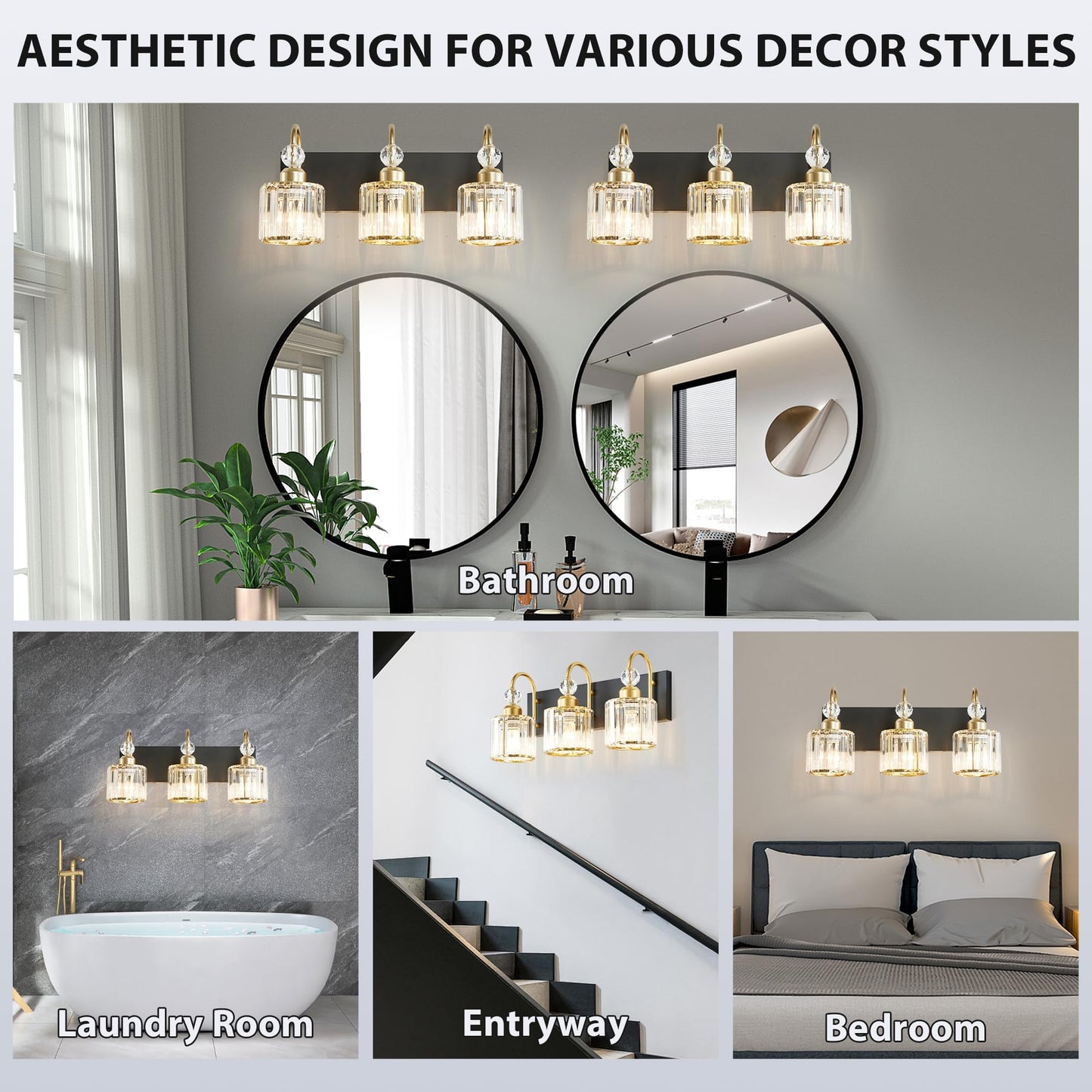 Diamondforge Bathroom Vanity Light Fixtures Over Mirror  Makeup Lighting For Modern Wall  Bath  Desk  Farmhouse  Hallway  3 Crystal Lights  Black Gold