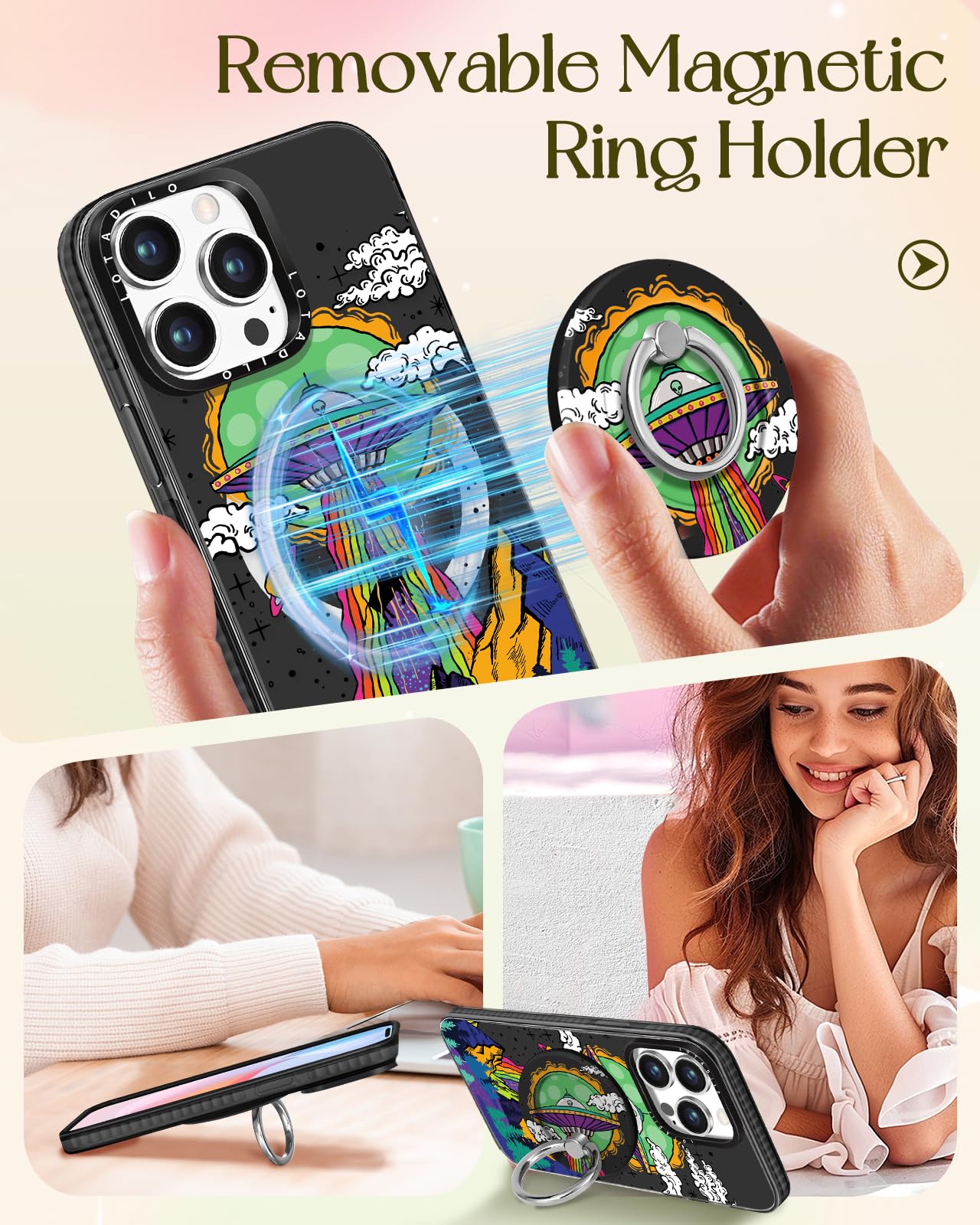 Lotadilo For Iphone 13 Pro Case For Women Girls - Cute Design Compatible With Magsafe Magnetic Ring Holder Stand Ufo Alien Aesth