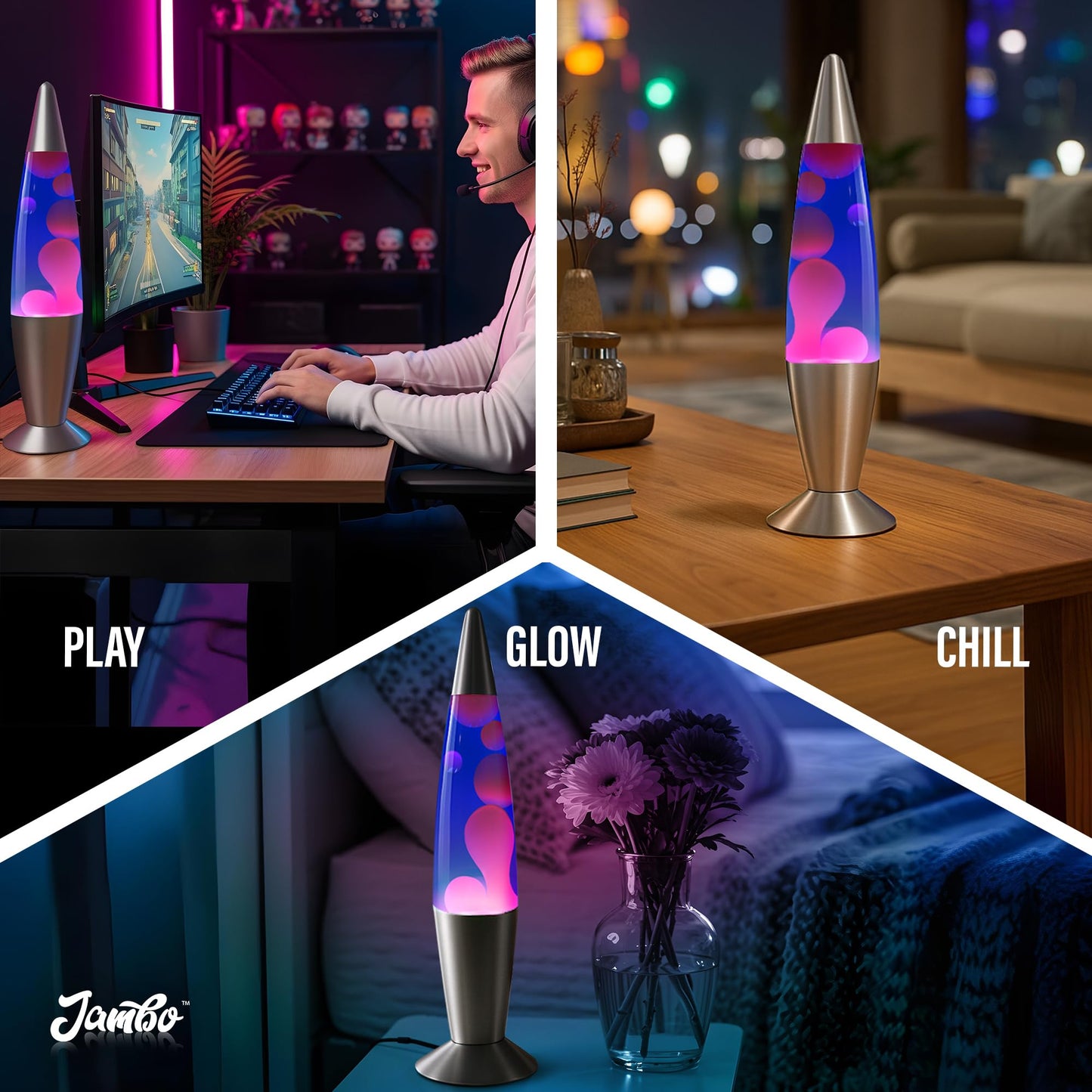 Jambo Magma Lamp - 16-Inch Relaxing Night Light, Blue Liquid, Purple Wax, Silver Base, Model 55002