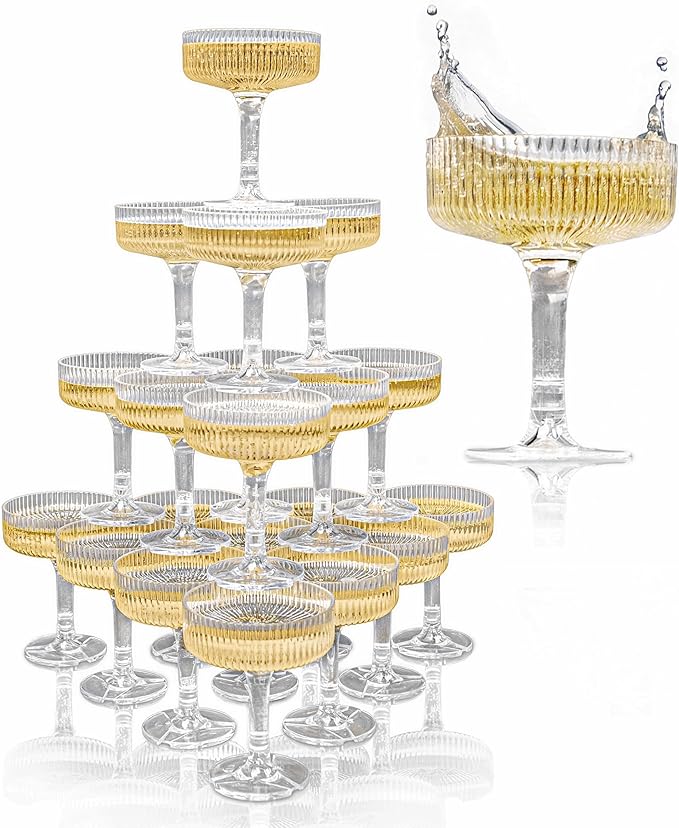 Ksestor ACRYLIC Champagne Tower - 7oz. Set of 21 Champagne Flutes Plastic - For Weddings & Parties - Plastic Coupe Glasses...