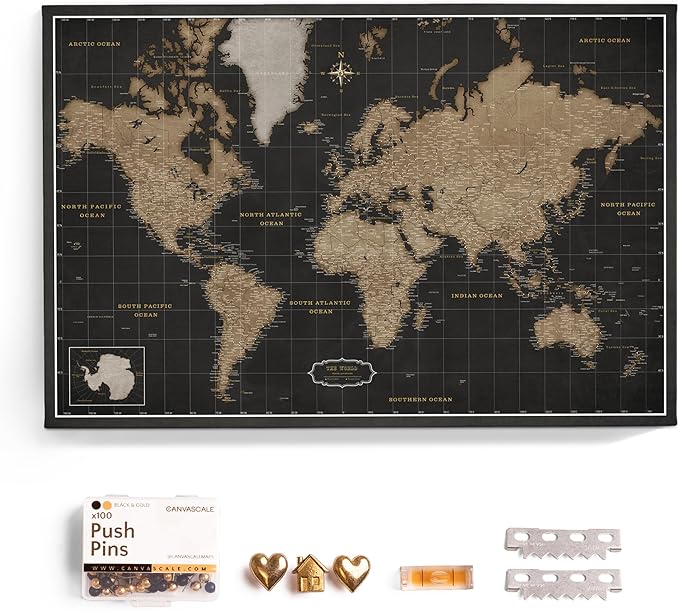 Canvas World Map with Cork Pin Board - English Lettering - Decorative Wall Decoration for All Rooms - Canvas Pictures with World Map Motif (70x50 cm, Pattern 6)