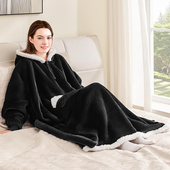 Wearable Blanket Hoodie as Gifts for Women, Long Sherpa Fleece Hooded Blankets with Oversize Hood and Pocket, Warm and Cozy Sweatshirt with Belt, Winter Gift