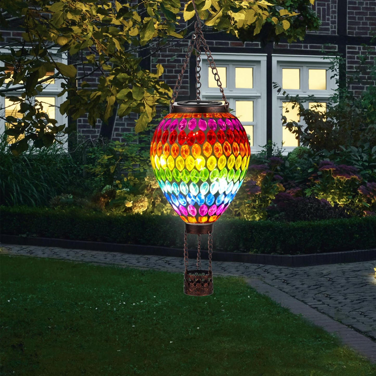Voreen Hot Air Balloon Solar Lantern  Handmade Mosaic Solar Outdoor Hanging Wind Light  Waterproof  Patio Festive Decor  Gift For Mom Wife Friend  Rainbow Pattern