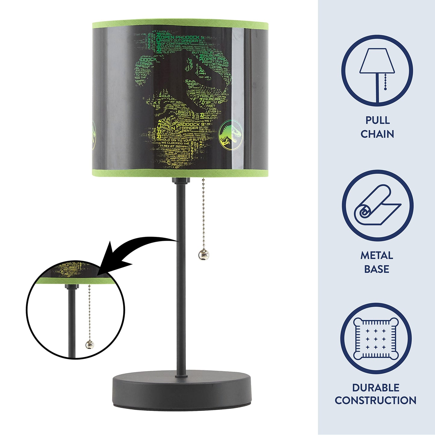 Idea Nuova Jurassic World Stick Table Kids Lamp, Metal, Themed Shade, Pull Chain, Model Nk430350