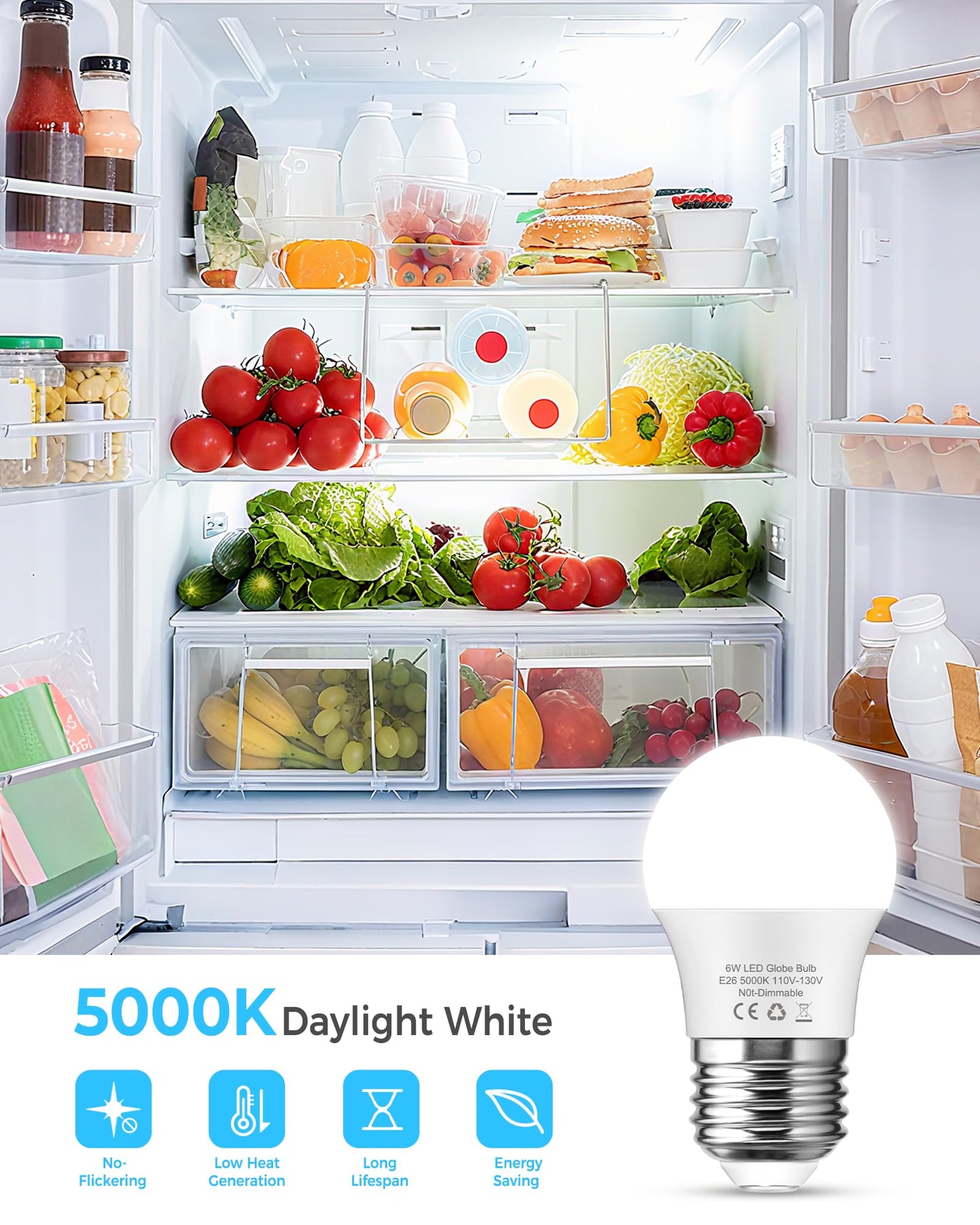 G45 Led Light Bulb 6W Daylight White 5000K  E26 Base 60Watt Globe Small Light Bulbs Equivalent  Non-Dimmable Bright Lighting For Refrigerator  Desk Lamp Lights  Vanity Mirror  Bathroom  6 Pack
